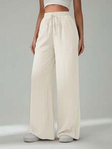 SHEIN Tall Pantalones casuales de unicolor con cordones para mujer, para ir al trabajo, para mujeres altas - Beis - Ver 7