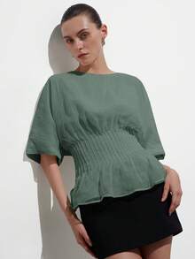 Aveloria Modichic Women's Organza Textured Fabric Fitted And Flared Blouse,Wide Pleated Waist Drop Shoulder Half Sleeve Peplum Hem Pastal Summer Elegant Sexy Golf - Green - View 3