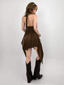 Đầm ngắn màu nâu kiểu dáng retro punk, thắt eo bất đối xứng, thiết kế độc đáo dành cho nữ. - Cà phê - Xem 4