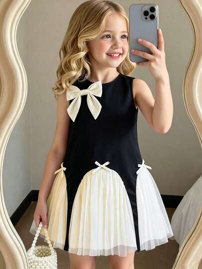 Summer Outfits 1pc Girls' Sweet Bowknot Decor Mesh Patchwork Sleeveless A-Line Dress, Suitable For Daily Gatherings, Festivals And Celebrations, Princess Dress Squishy Dress