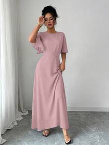 Modelyn Đầm maxi chiffon dáng suông, cổ tròn, tay bồng, bèo nhún, thanh lịch dành cho nữ, thích hợp cho mùa xuân/hè. - Hồng - Xem 4