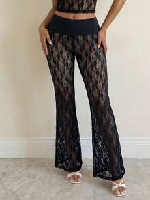 女士度假休闲花卉蕾丝喇叭裤 - 黑色 - 查看 3