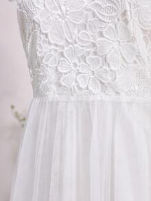 Lace Patchwork Flared Dress,White Round Neck Short Sleeve,Summer Elegant Civil Wedding Wedding Guest Bride Gown For Teenagers Teen Girls,Graduation - White - View 5