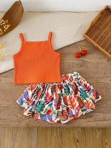 Bộ đồ gồm áo hai dây gân trơn và chân váy/quần in họa tiết cây nhiệt đới cho bé gái. - Nhiều màu - Xem 2