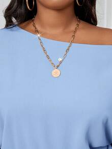 SHEIN Lady Mùa thu và mùa đông thanh lịch cổ điển công sở giản dị rượu sâm panh dệt trễ vai váy dạ hội tay giám mục hở lưng sản phẩm mới cỡ lớn bộ đồ liền quần - Màu xanh lam - Xem 9