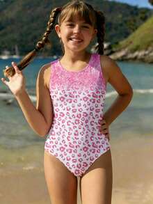 Tween Girl Leopard Print One-Piece Swimsuit, Suitable For Beach Vacation, Pool Party, Beach Party - Multicolor - View 3