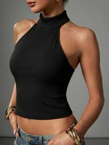 Hauture Sexy Casual Rib Knit Backless Halter Neck Top Summer Fashionable Stretchy Bodycon Sculpted Tank Cami Top - Black - View 4
