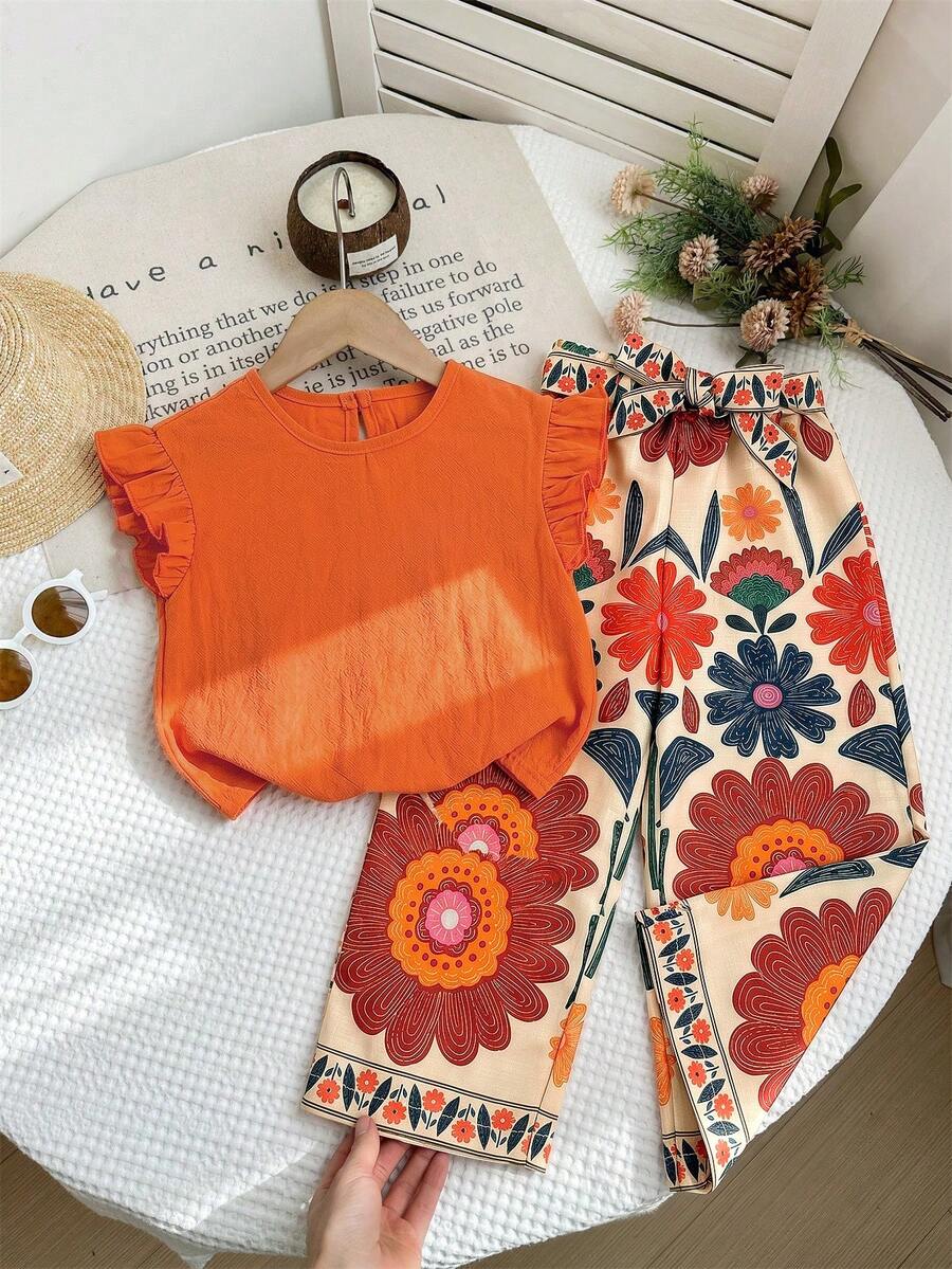 SHEIN Baby Girl Fashion Ruffled Sleeve Textured Tank Top And Floral Print Casual Pants Set - Multicolor - View 1