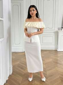 Modelyn Women's Off-Shoulder Crop Top With Slit Hem And Skirt Elegant 2 Pieces Set - Apricot - View 5