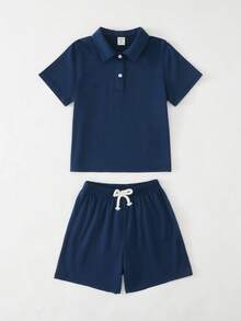 SHEIN 儿童/男童休闲日常百搭舒适条纹Polo衫和卡其色短裤套装，适合春夏季节日常穿着、运动、郊游、上学、聚会、节日、拍照等场合。 - 彩色 - 查看 4