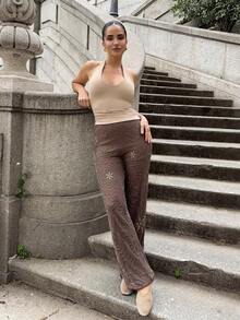 Marta Soriano Pantalones rectos holgados de estilo bohemio con patrón de cuentas en color marrón para mujer, de verano - Marrón - Ver 5