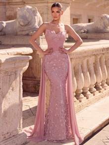 Glamrae Elegant Off-Shoulder Sequins Embroidered Heart-Shaped Collar Mesh Patchwork Ruffle Mermaid Hem Dress, Wedding Gala Concert Business Gown - Dusty Pink - View 8