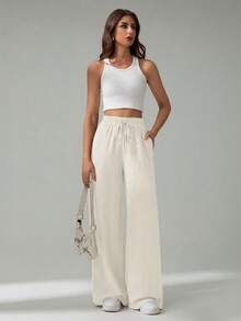 SHEIN Tall Pantalones casuales de unicolor con cordones para mujer, para ir al trabajo, para mujeres altas - Beis - Ver 5