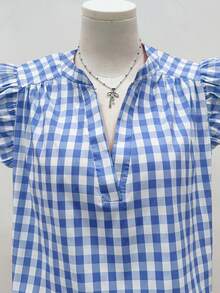 Linhara Plus Size V-Neck Ruched Plaid Blouse With Flare Sleeves, Summer - Blue - View 6
