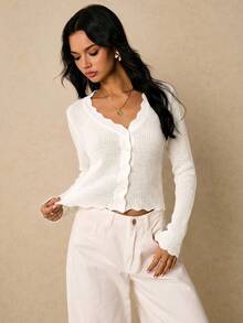 Poéselle Women's Solid Color Long Sleeve Single-Breasted Knit Cardigan, Autumn/ Date White Elegant French Style - Apricot - View 5