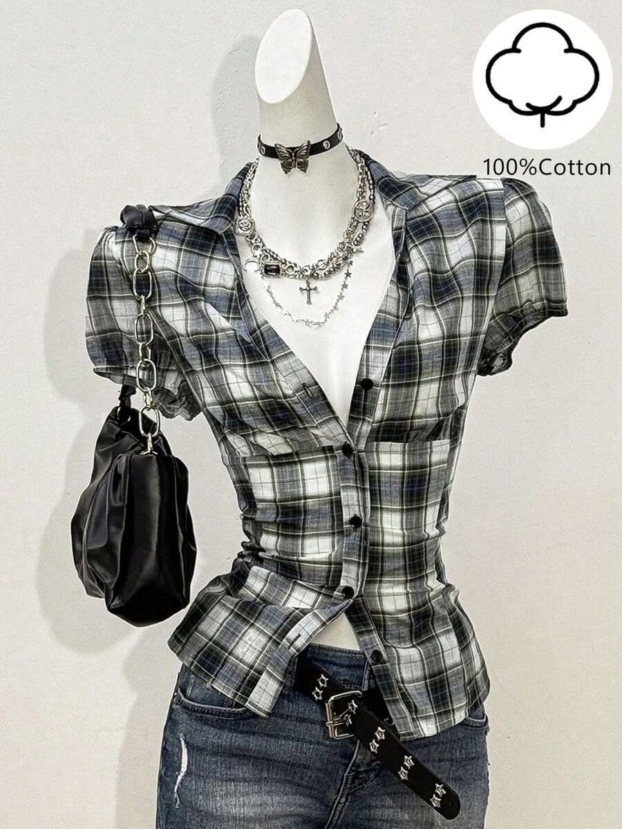 Jeanoix Áo sơ mi ngắn tay ôm dáng, cài cúc phía trước, họa tiết kẻ caro phong cách Y2K dành cho nữ. - Nhiều màu - Xem 1