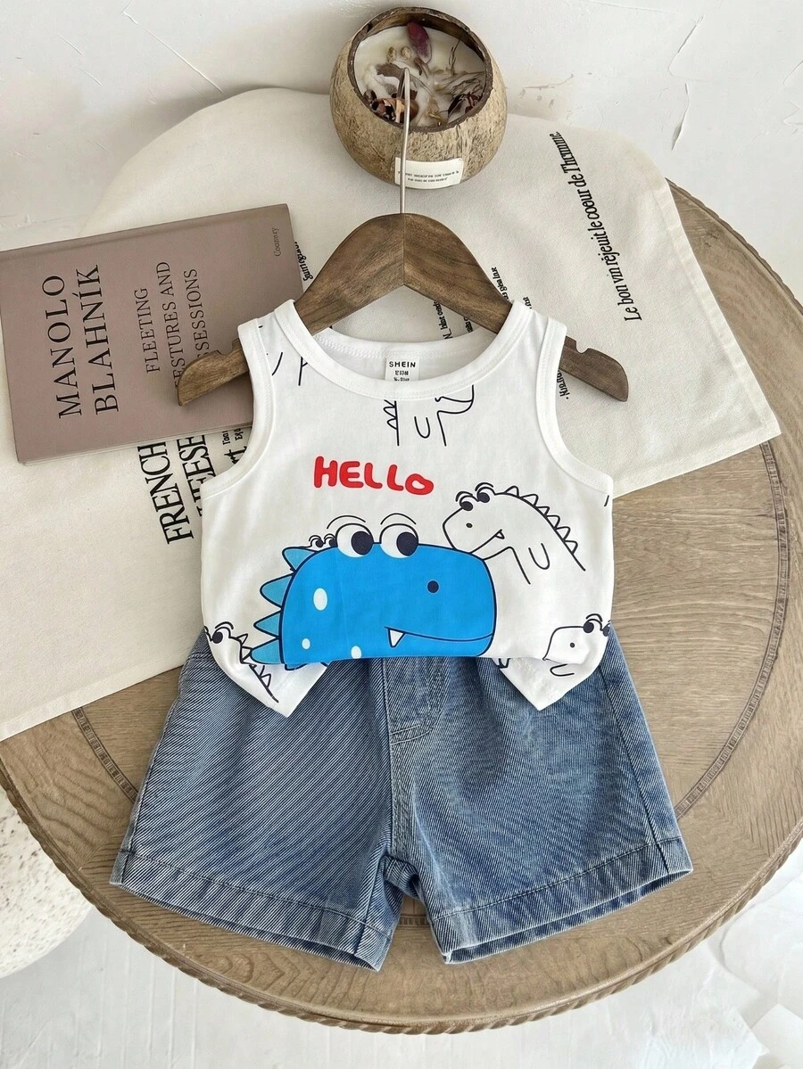 SHEIN Playful Pals 2pcs Baby Boys Summer Outfit,White Sleeveless Dinosaur Print Tank Top & Washed Blue Denim Shorts,Casual Beach Wear,Soft Fabric,Fashionable Set