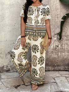 Breezaya Plus Size Women's Floral Print Casual Vacation 2 Pieces Set - Multicolor - View 3