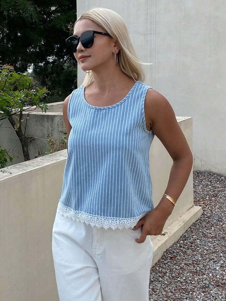 Women's Striped Patchwork Contrast Color Loose Contrast Lace Denim Blouse