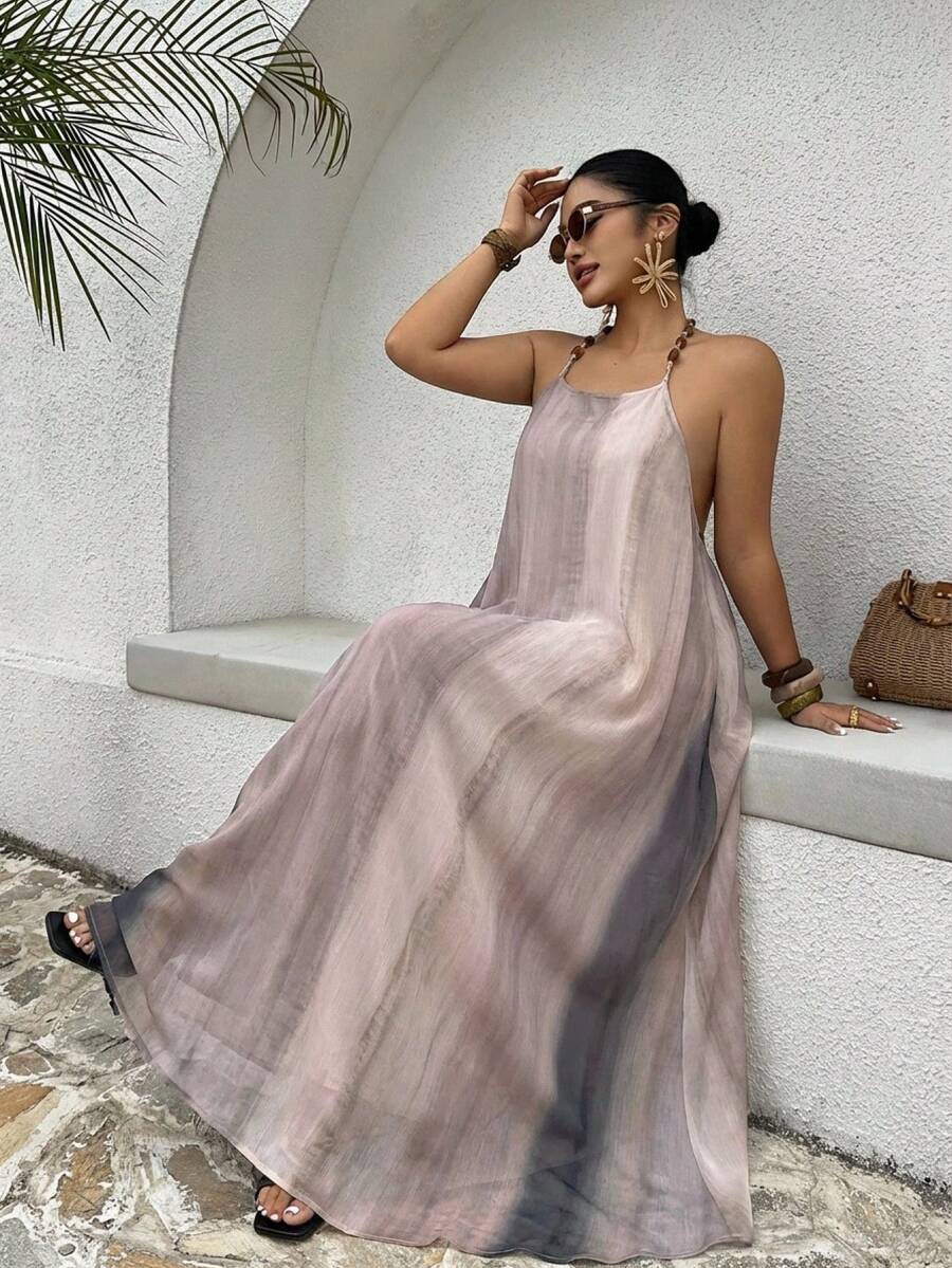 Dazy Plus Beaded Tie Dye Dress, Vacation Style, Plus Size, Spring/Summer Sundress - Apricot - View 1