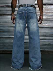 Manfinity EMRG Men's American Hip Hop Street Fashion Star Patch Distressed Washed Loose Wide Leg Jeans - Medium Wash - View 2