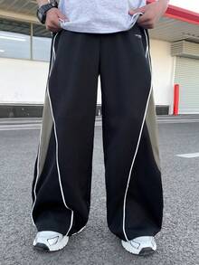 SHEIN Tween Boy Straight Side Color Block Splice Sports Pants, Suitable For Casual, Outdoor, School Wear In Autumn/Winter - Black - View 4