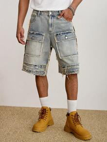 Manfinity Roughcore Men's Casual Street Style Multi-Pocket Frayed Hem Blue Wide Leg Denim Shorts - Light Wash - View 6