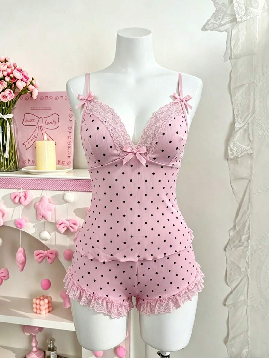 PetitDoll 2件套女士性感波点蕾丝荷叶边吊带背心内衣套装 - 粉色 - 查看 1