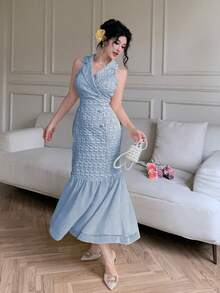 Modelyn Đầm vàng jacquard phối họa tiết chắp vá, cổ áo blazer thanh lịch, cài hai hàng khuy bằng vải chiffon. - Màu xanh lam - Xem 6