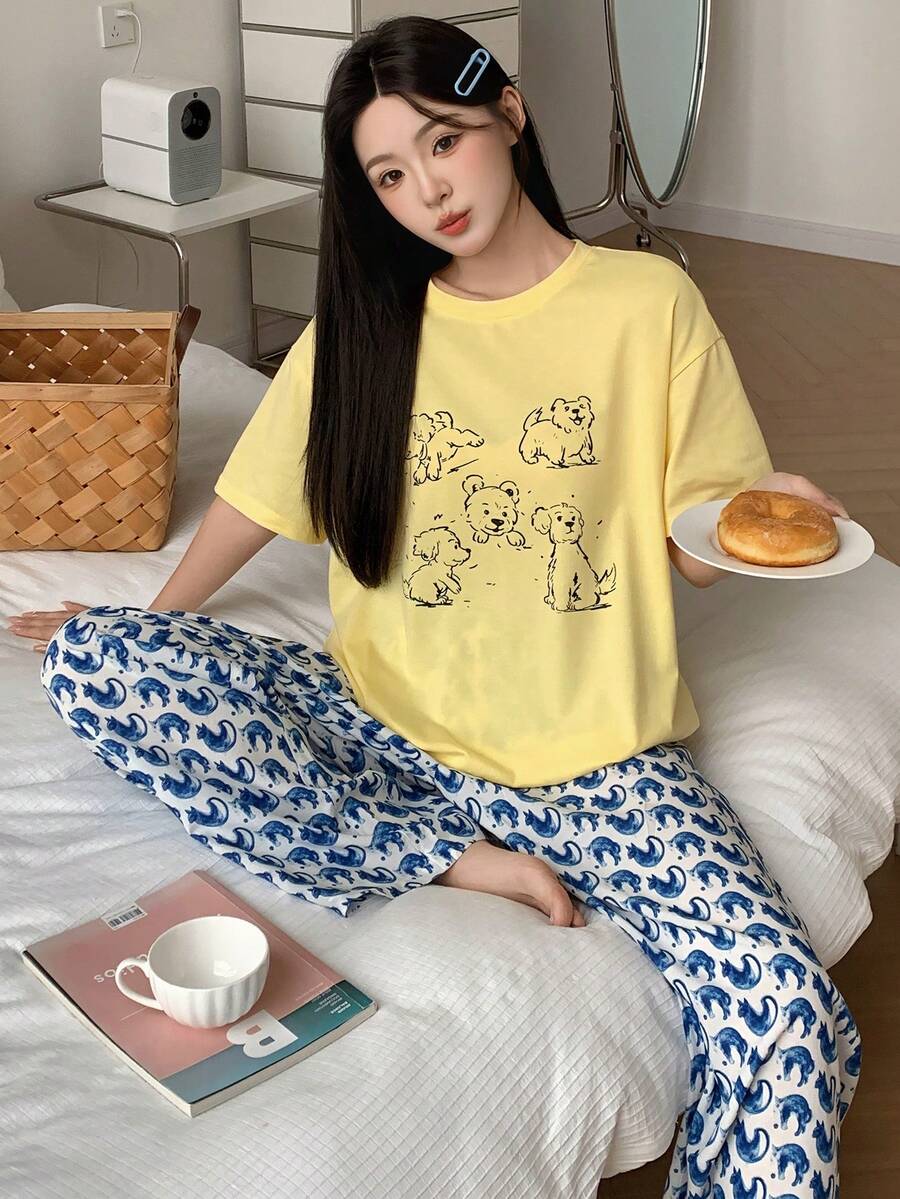 Women's Cute Cartoon Dog Print Loose Fit Top And Full Print Pants Pajama Set, Suitable For Spring, Summer, Autumn - Yellow - View 1