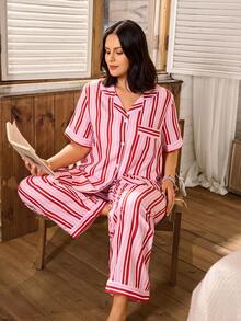 Serenescape Plus Size Women Casual Striped Print Short Sleeve Pajama Set - Multicolor - View 4