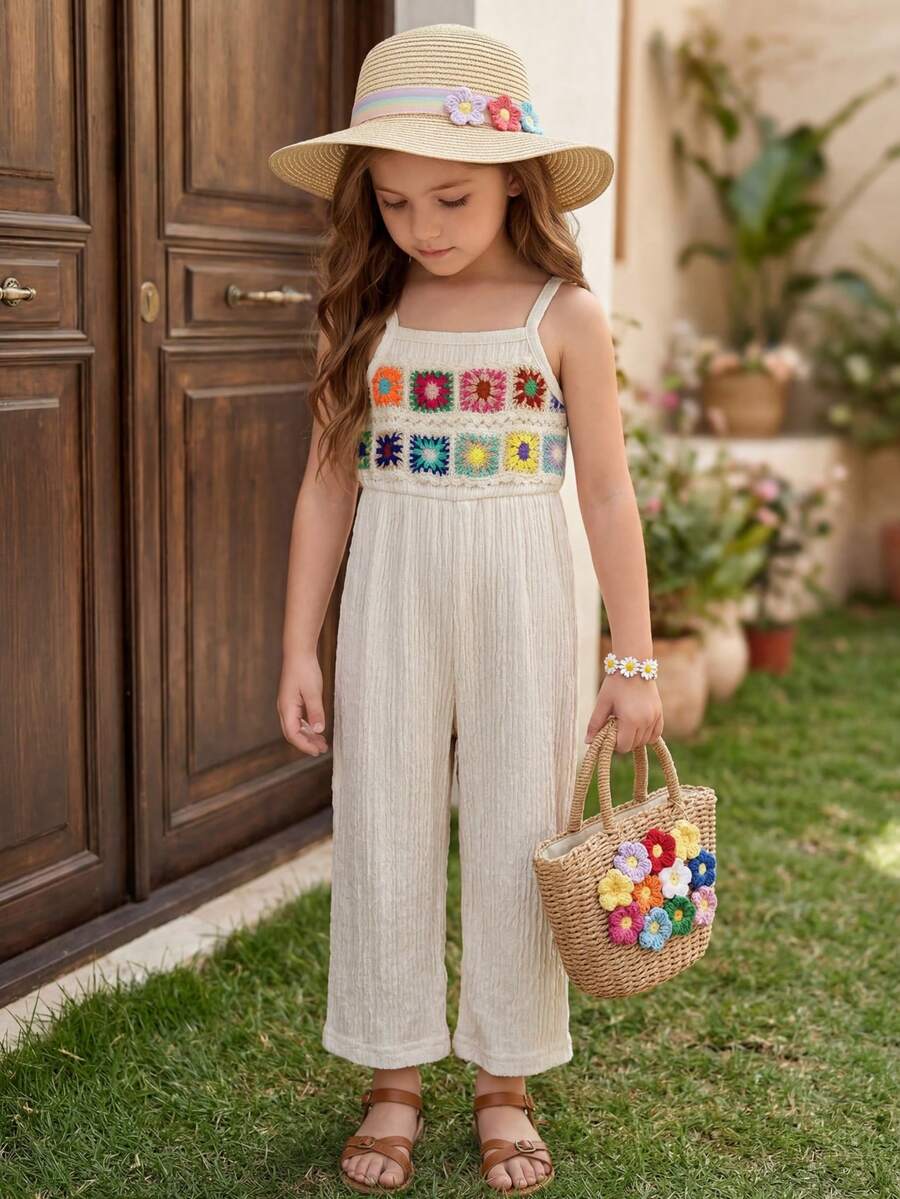 Vintaside Kids 女婴夏季无袖蕾丝边连体衣，简约时尚，适合外出、旅行、露营或日常休闲穿着。 - 杏色 - 查看 1