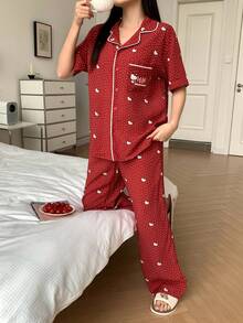 HELLO KITTY | DAZY 夏季波点印花宽松轻薄女士睡衣套装 - 紅色 - 查看 8