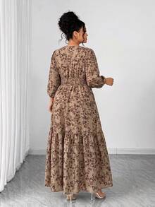 Elenzga Plus Size Women's New Elegant Casual Vacation Daily Wear Lightweight Floral Print Short Sleeve Dress, Spring/Summer Fall - Coffee Brown - View 2