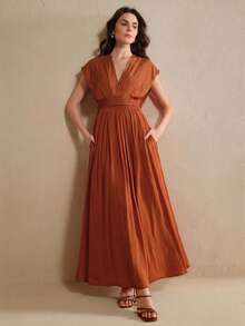 Anewsta Essential Elegant V-Neck Waist Cinched Summer Dress, Suitable For Graduation, Festival, Holiday, Elegant Occasions, Vacation, Old Money Style, Date Night - Redwood - View 6