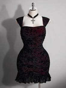 ICON Vestido ajustado con cuello cuadrado, estilo gótico oscuro Y2K, de malla y fruncido para mujeres de talla grande - Burdeos - Ver 3