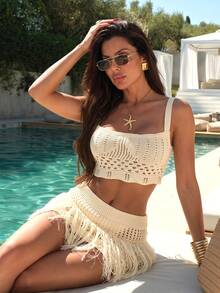 SHEIN Fringed Crochet Fringe Crop Top And Mini Skirt Beach Set - Apricot - View 3