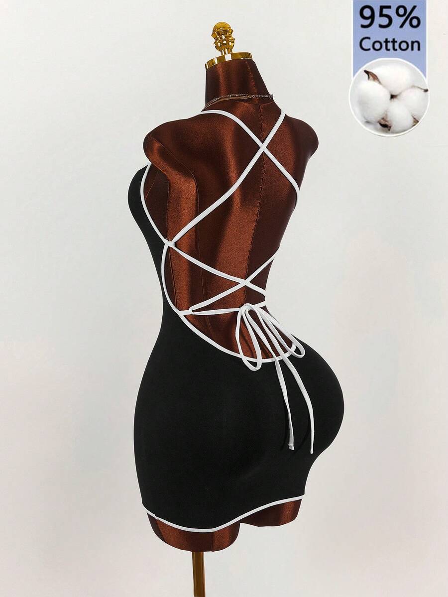 Conjunto de top corto con flecos sin espalda y vestido mini ajustado y sexy para mujeres - Negro - Ver 1