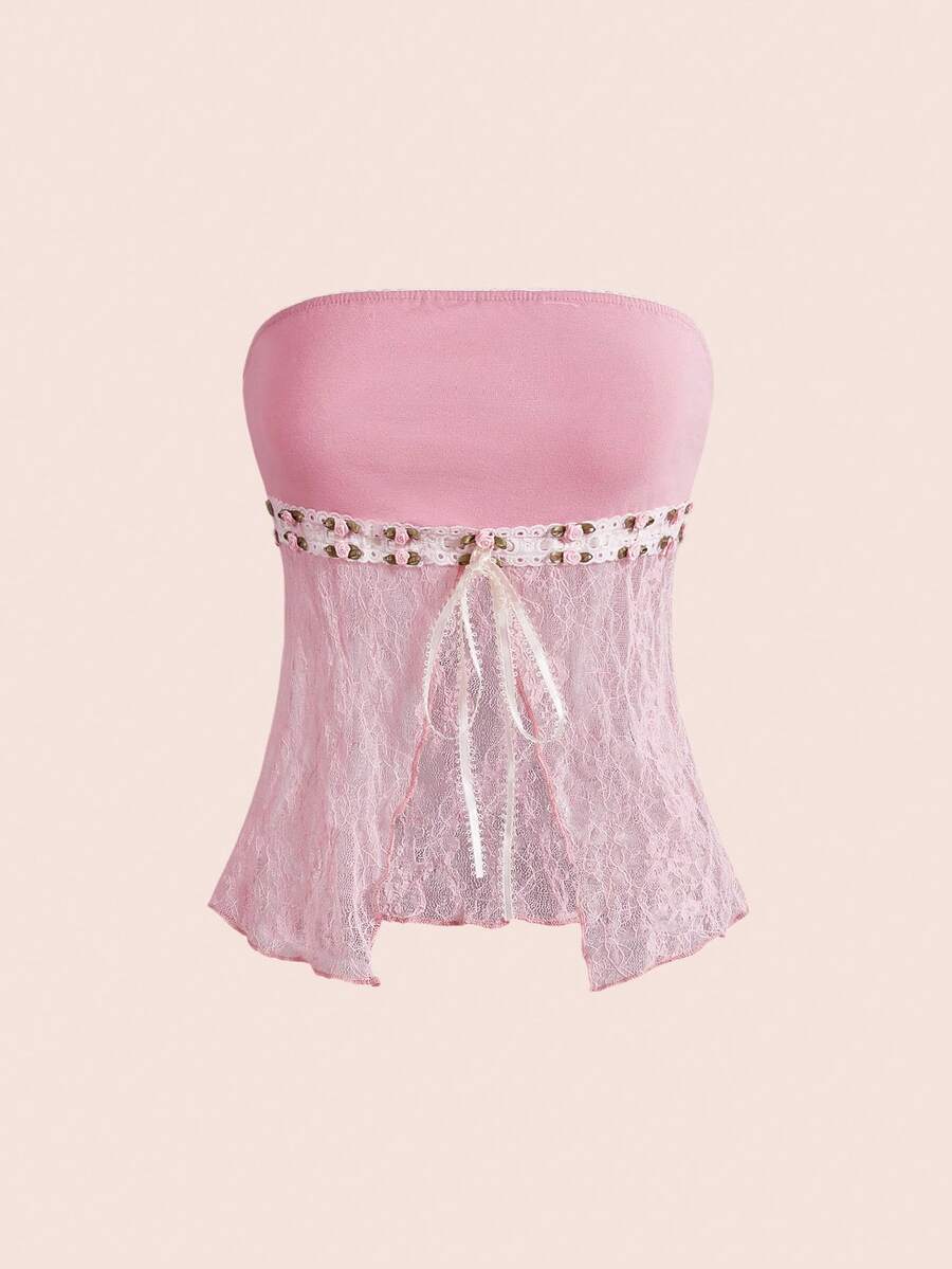ROMWE Áo kiểu nữ Fairycore phong cách nghỉ dưỡng, phối ren và ruy băng, vạt áo hở, kiểu quây ngực, đa năng. - Màu Hồng baby - Xem 1