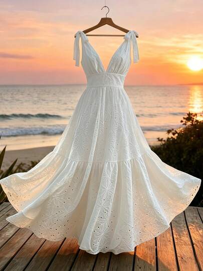 GlowEve Women's V-Neck Sleeveless Tie-Waist Bow Strap A-Line Dress, White Textured Jacquard Fabric High Quality, Summer Dress, Romantic Elegant Maxi Dress, Suitable For Cruise, Festivals, Beach Vacation, Music Festivals, Boho Style, Back To School, Easter, Weddings, Teacher's Day, Mother's Day, All Seasons, Fashionable Vacation Outfit For Beach Club, Havana Nights, Beach Dinner