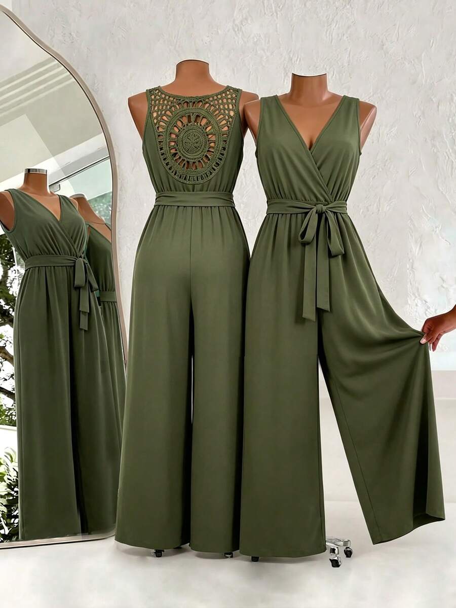 Breezaya Bộ jumpsuit nữ cỡ lớn màu trơn cổ chữ V không tay hở lưng phối ren thắt eo dáng rộng thoải mái đi biển, thanh lịch cho mùa xuân/hè. - Màu be - Xem 1