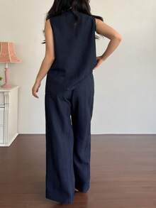 DAZY 女士纯色系带上衣和裤子休闲家居服套装 夏季 - 藏蓝色 - 查看 2