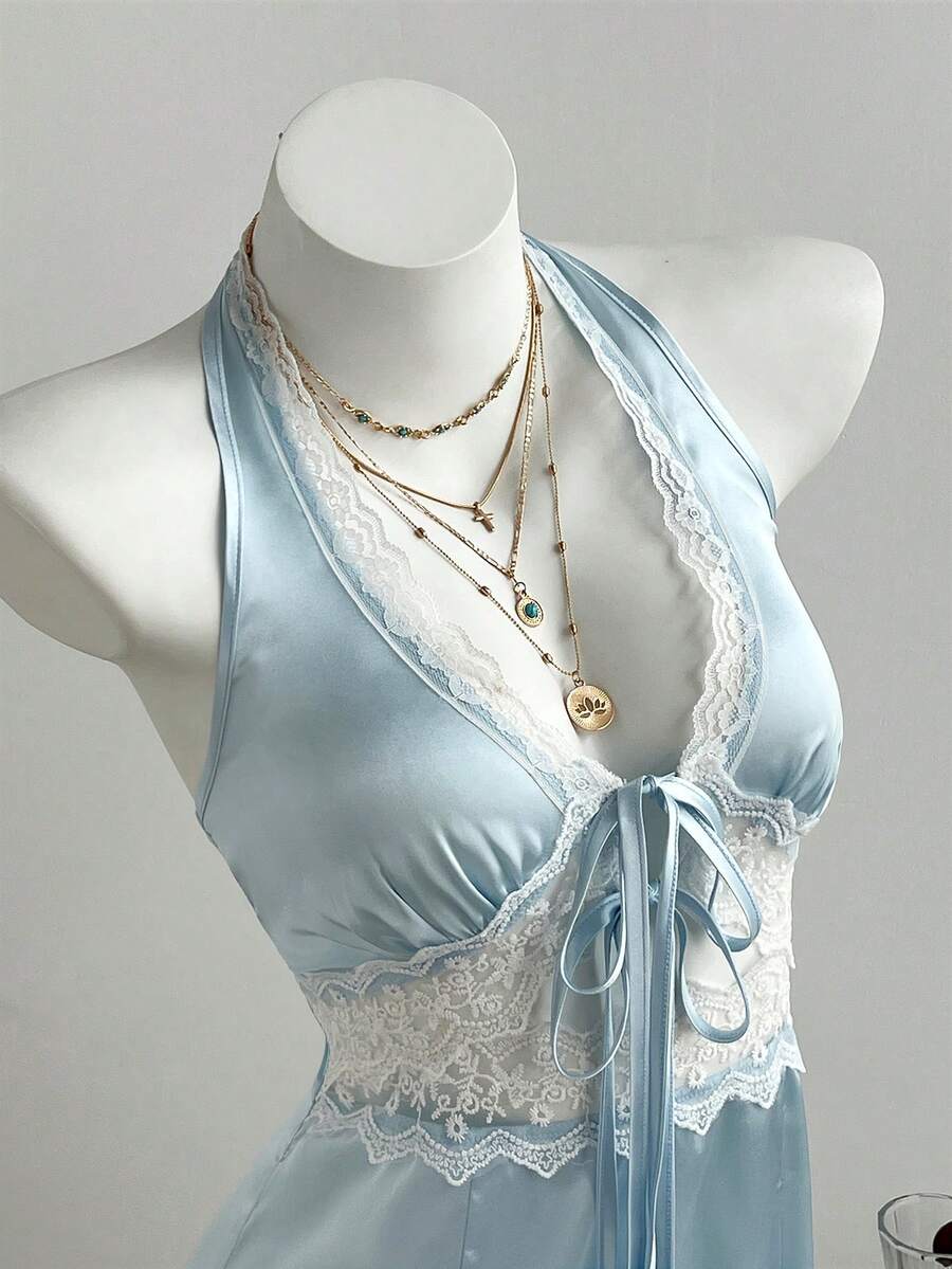 Elamini 性感蕾丝拼接V领蝴蝶结腰部修身露背迷你连衣裙 - 藍色 - 查看 1