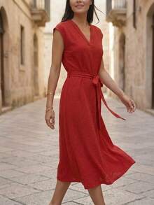 Vestido Midi Rojo Casual con Cinturón - Rojo - Ver 2