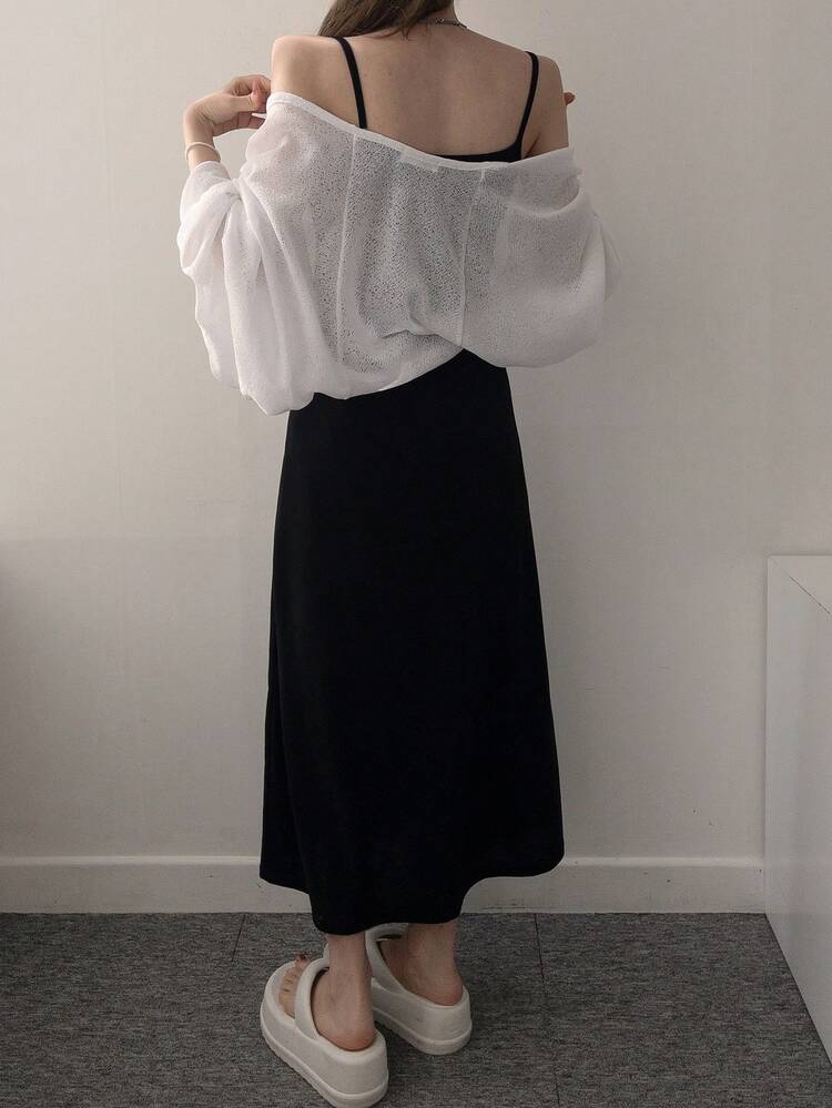 Women's Solid Color Long Sleeve Cardigan And Spaghetti Strap Dress Casual 2-Piece Set