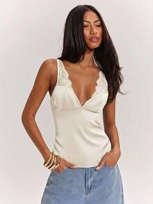 SHEIN BAE Áo hai dây satin ren xuyên thấu màu đen gợi cảm, phù hợp để mặc đi club, hẹn hò, ăn trưa, đi du thuyền, đi làm, thanh lịch và quyến rũ. - Màu be - Xem 5