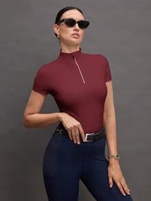 Activina Women's Solid Color Zipper Placket Short Sleeve Equestrian Top Activina Women's Stand Collar Solid Color Raglan Short Sleeve Fitted Equestrian Shirt Burgundy  Ralphlauren Old Money - Red - View 4