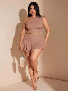 SHEIN BAE Set de 2 piezas para mujer de talla grande con top asimétrico con cuello verde oliva y volantes, y falda ajustada con volantes, conjunto para vacaciones - Rosa vieja - Ver 3