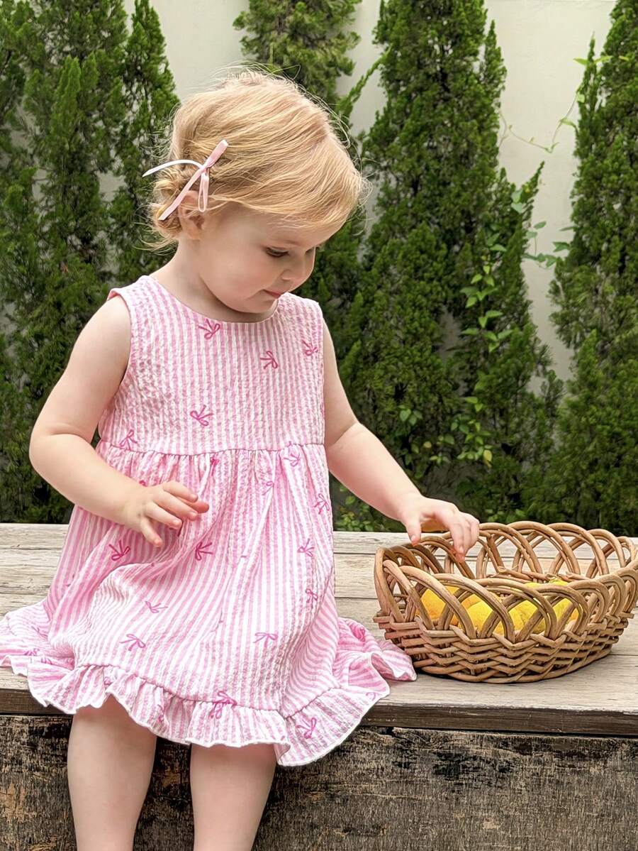 SHEIN 甜心条纹露背蝴蝶结A字连衣裙，浅粉色蝴蝶结荷叶边公主裙 - 粉色 - 查看 1