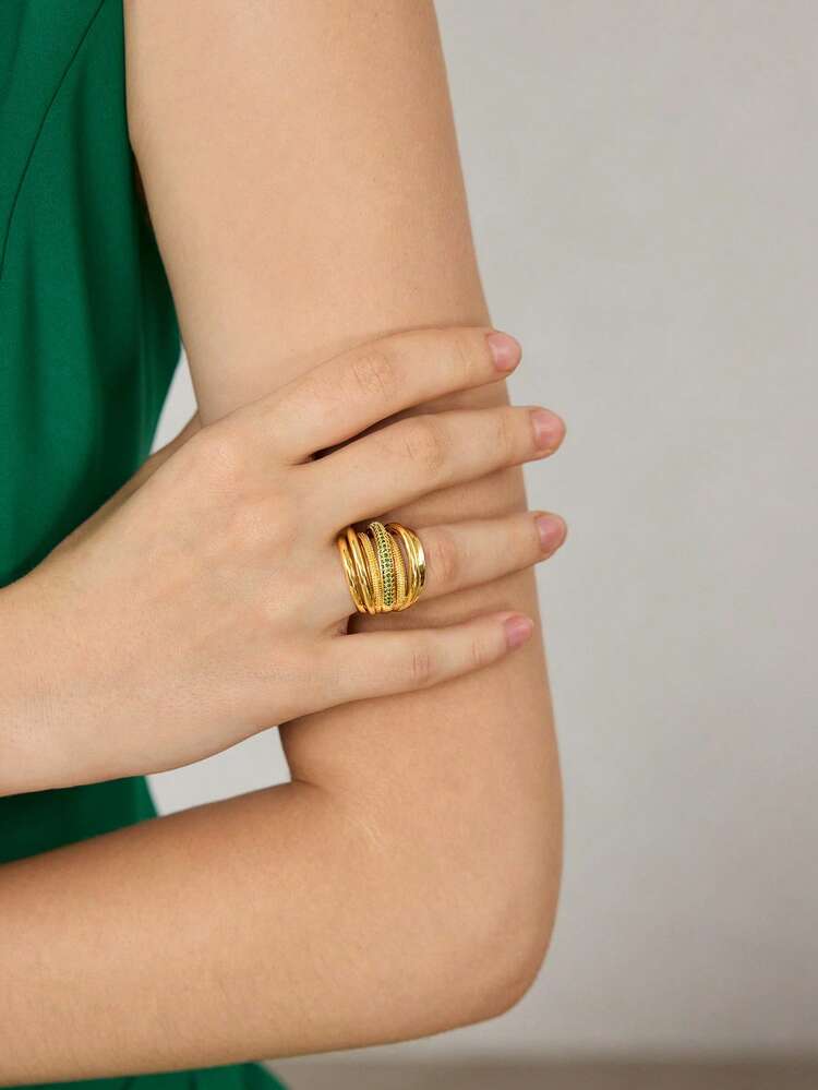 18K GOLD GREEN DIAMOND LIGHT LUXURY NICHE PERSONALIZED RING, WOMEN'S FASHION RHINESTONE DECORATIVE MULTI-LAYER RING